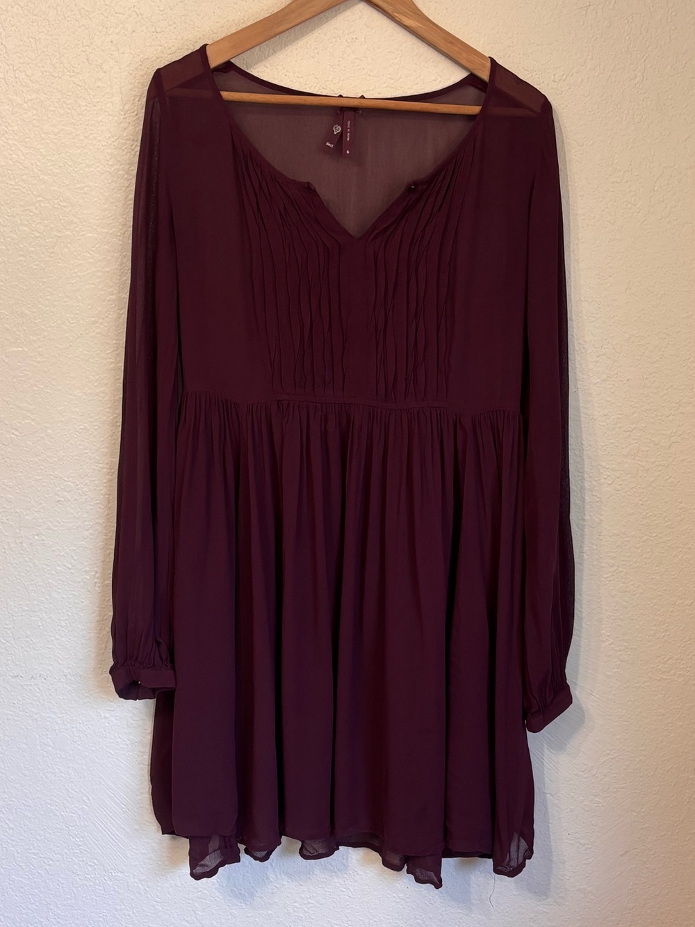 Next With Love Burgundy Pintuck Pleat Chiffon Babydoll Mini Dress Size 6